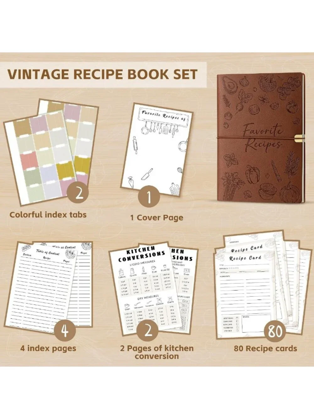 Waterproof Leather Recipe Journal Binder - Create Your Own Cookbook, Brown